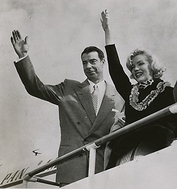 Joe DiMaggio and Marilyn Monroe leaving for Japan after beginning their honeymoon in San Francisco and Martinez, CA.